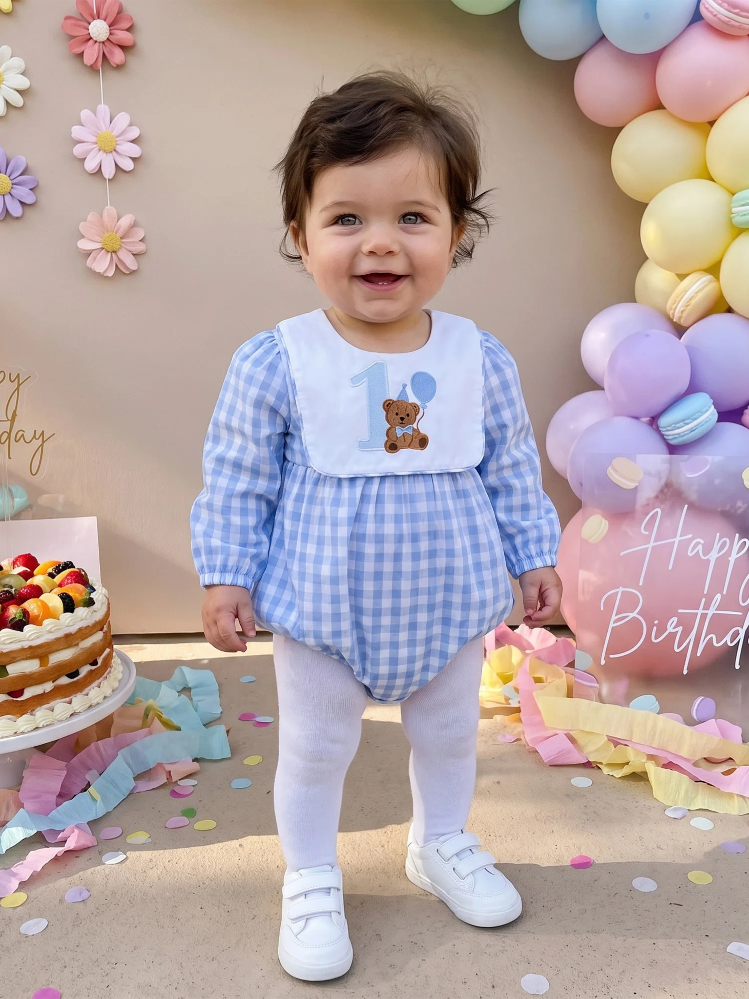 Print Long Boy 1 St Romper Round Plaid Print Long Birthday Romper Plaid Round-Neck Print Professional