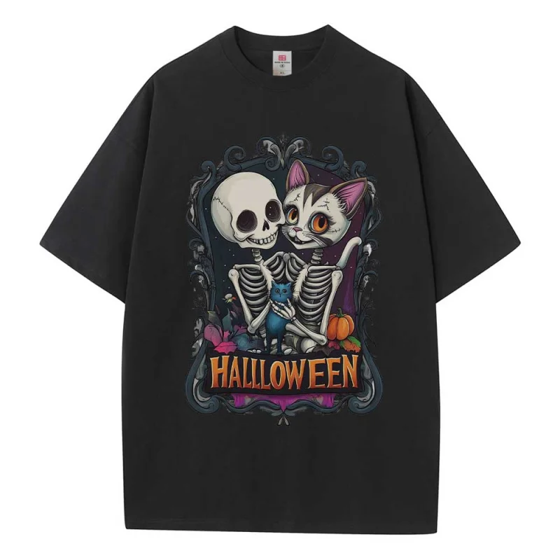 Baggy T Shirt Cotton Graphic Tees Designer Clothes Halloween Skeleton Cat Dropped Shoulder Vintage Unisex Tops Oversize T Shirts