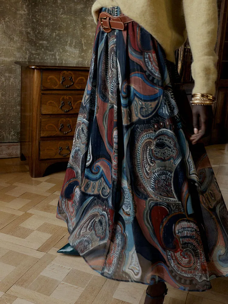 Faionable – jupe mi-longue imprimée Tead en métal pour femme, robe ceinturée, Costume de scène ethnique, nouvelle collection hiver 2025