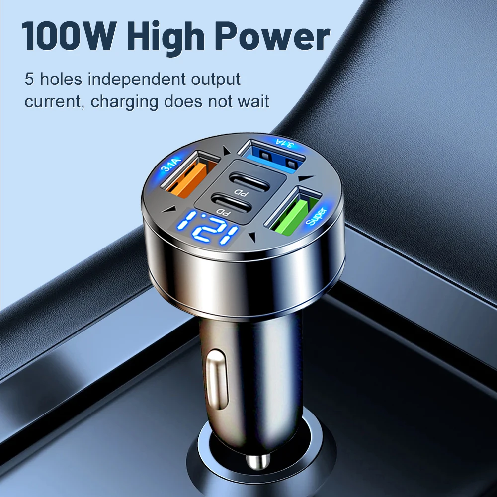 100W 5 Port USB Car Charger Quick Charge 3.0 Car Phone Charger For iPhone Samsung Xiaomi Fast Charging Cigarette Lighter Adapter