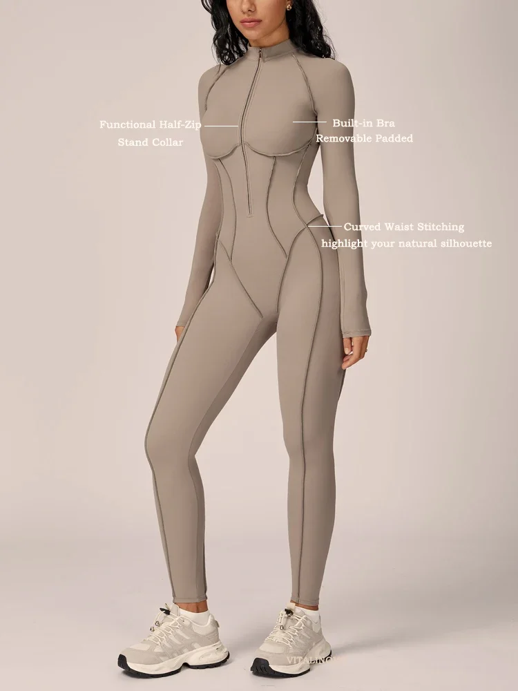 VITALINOVO Womens Running Onesie Athletic Romper Pants Long Sleeve Zip Up Hiking Outfits One Piece Workout Bodycon Jumpsuits