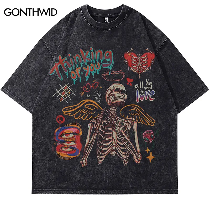 Vintage Black T-Shirt Grunge Funny Graffiti Skull Skeleton Heart Graphic Print Punk Tshirt Streetwear 2024 Hip Hop Washed Tops