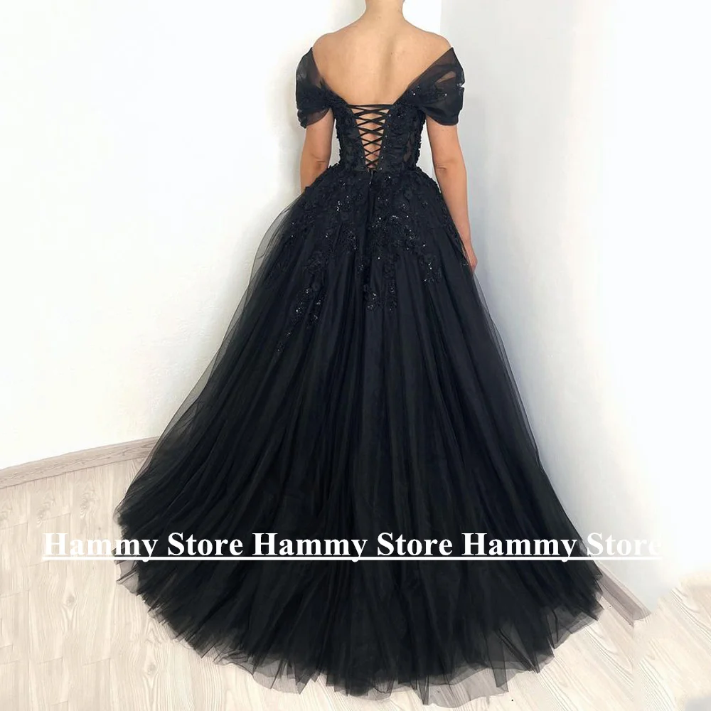 Women Gothic Wedding Dress Customized Off The Shoulder V Neck Beading Sequin Applique Swee Train Corset Black Bridal Gown