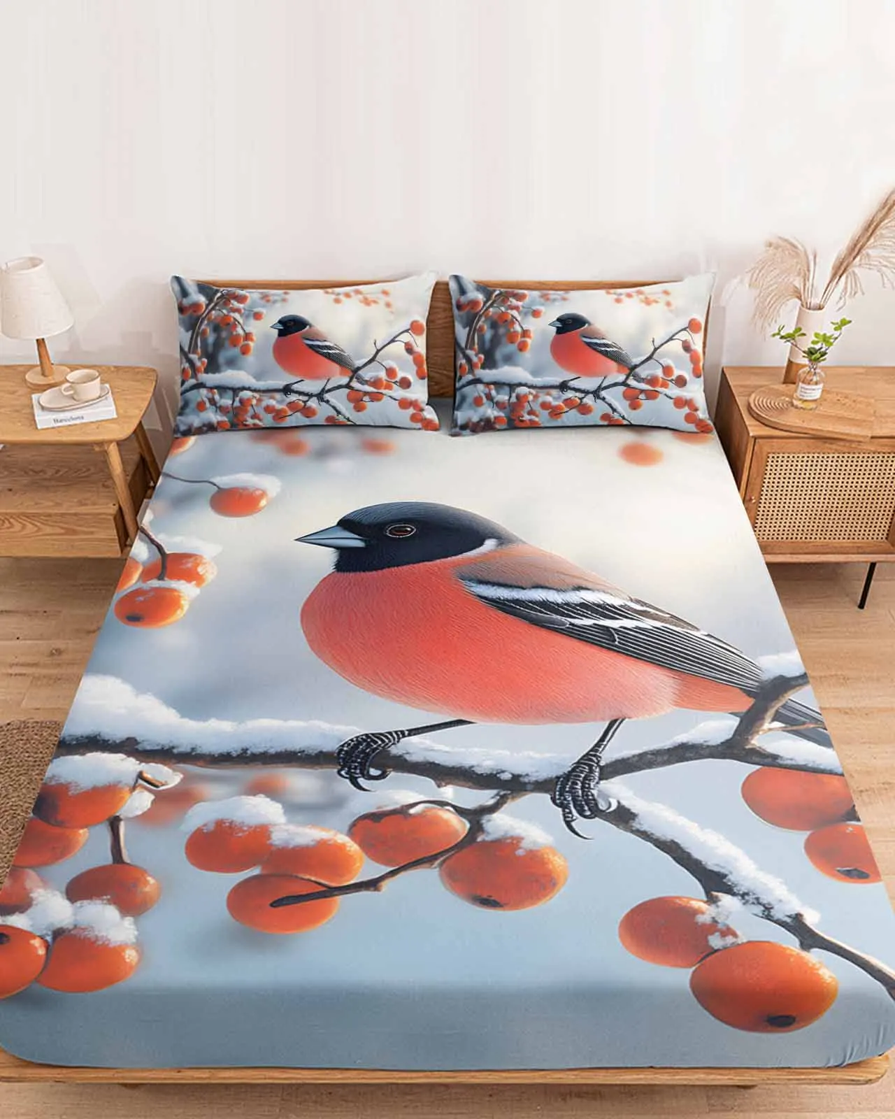 Winter Bird Red Fruit Snow Polyester Fitted Sheet Mattress Cover Four Corners Elastic Band Bed Sheet Pilllowcase