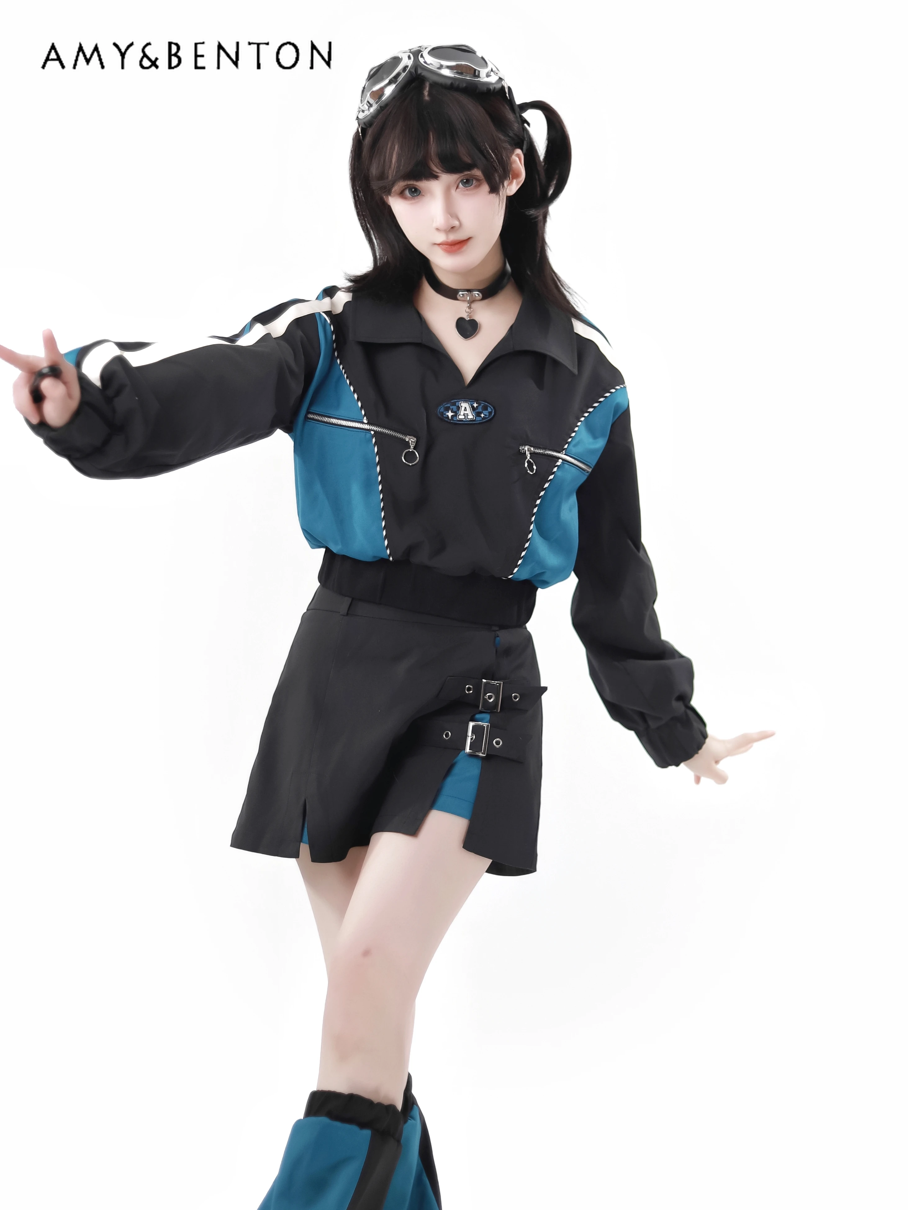 Harajuku Subculture Splicing Function Design Slim Split Outfits Y2K Patchwork Lapel Zipper Shorts Jacket Trousers Two-piece Set