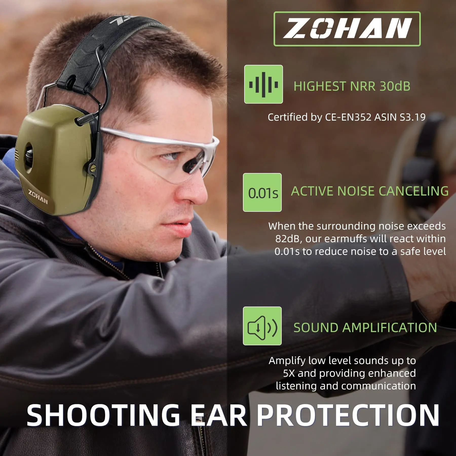 ZOHAN Electronic Headphone Shooting Ear Protection Earmuffs Hearing Protection Active Noise Canceling NRR30db Hunting Outdoor