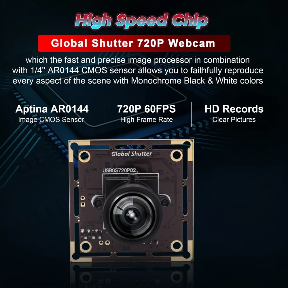 ELP Global Shutter High Speed Webcam 720P 60fps Monochrome USB Camera Module Fisheye Lens Industrial Camera for Barcode Scan