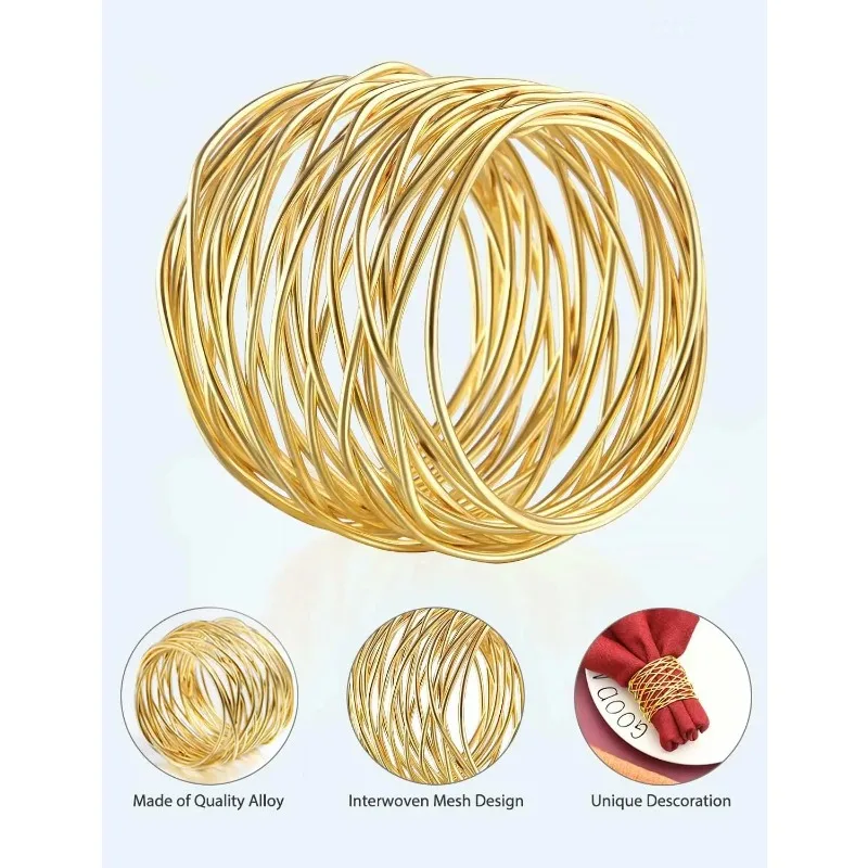 Twisted Wire Mesh Napkin Rings Holders Décor Dinner Party Wedding Christmas Gathering (Gold 12pcs)