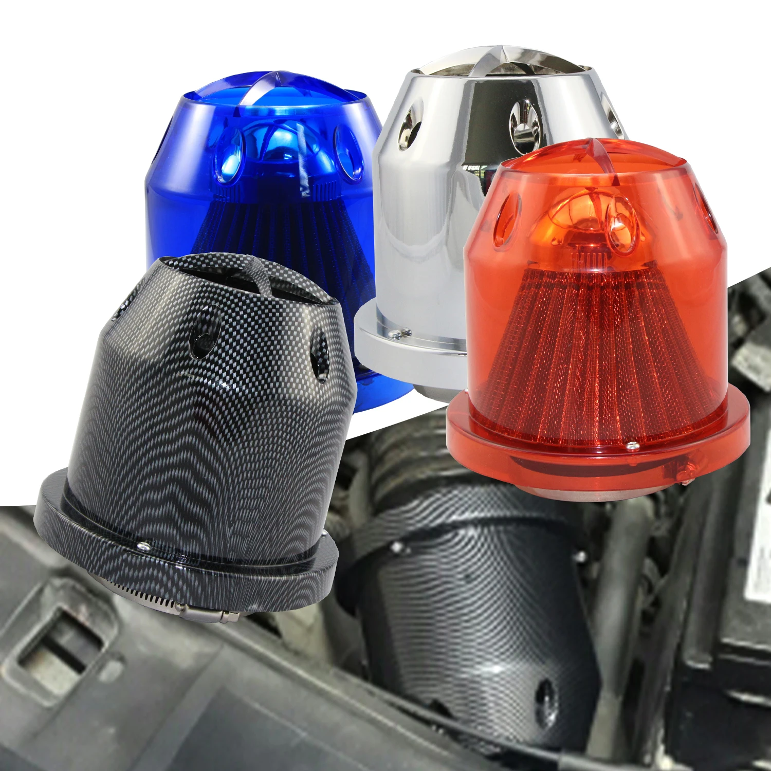 Car Cold Intake Air Filter 3inch Universal Washable Replacement Blue Carbon 76mm Sport High Flow Cone Air Filter with Cover