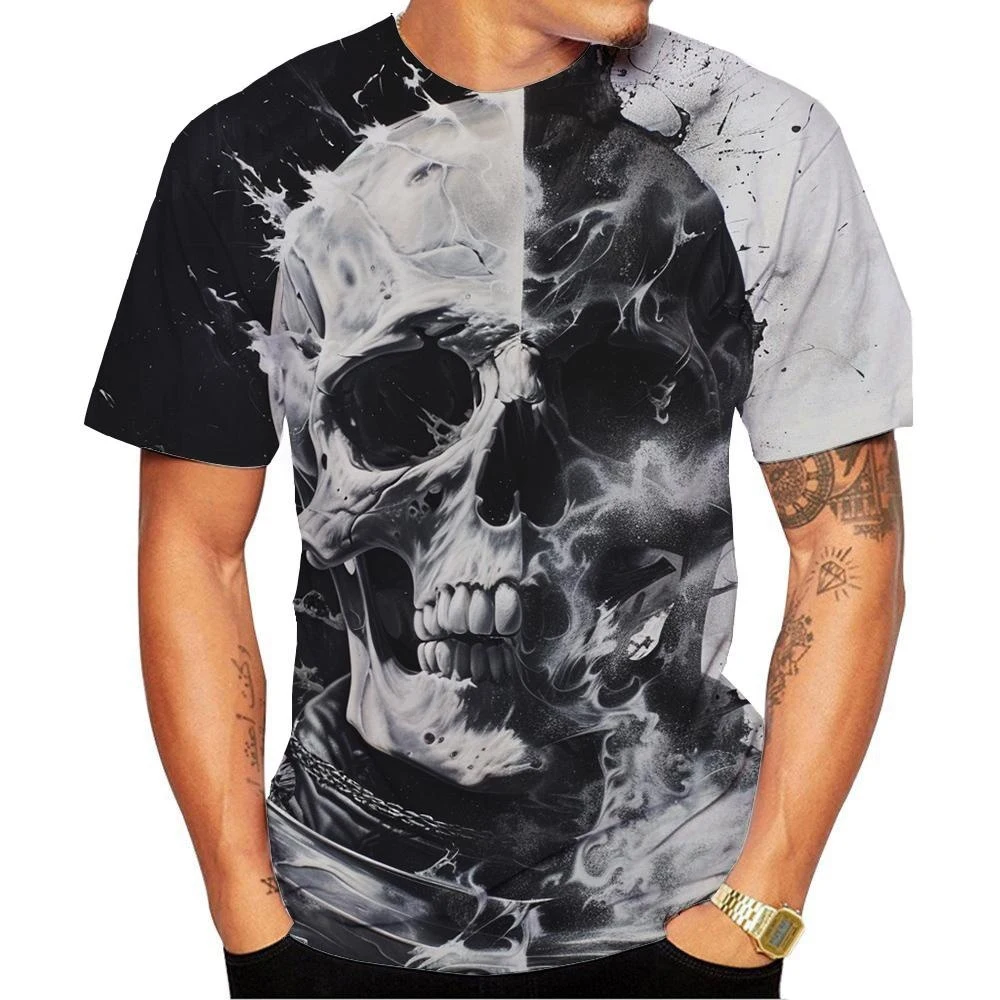 New Fashion Men\'s Women\'s Short Sleeve 3D Print Skull Pattern T-shirt Street Style Unisex Novelty Fashion Top Oversized 100-6XL