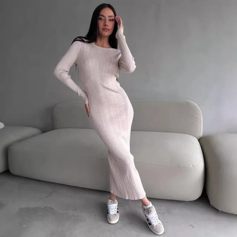 2024 Autumn And Winter Long Sleeved Tight Knit Dress For Women, Simple Solid Color Round Neck Slim Fit And Slimming Long Dress