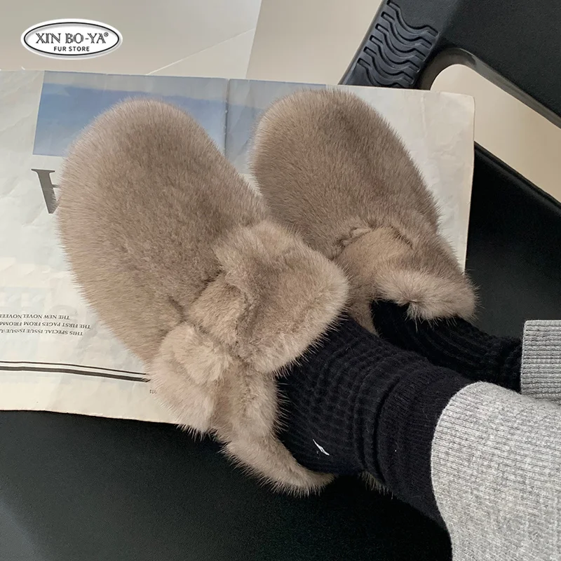 

Winter Warm Flat Mink Fur Slippers Women Real Fur Fluffy Furry Home Slides Comfort Non Slip Outdoor Fur Shoes Woman 2024 Trend