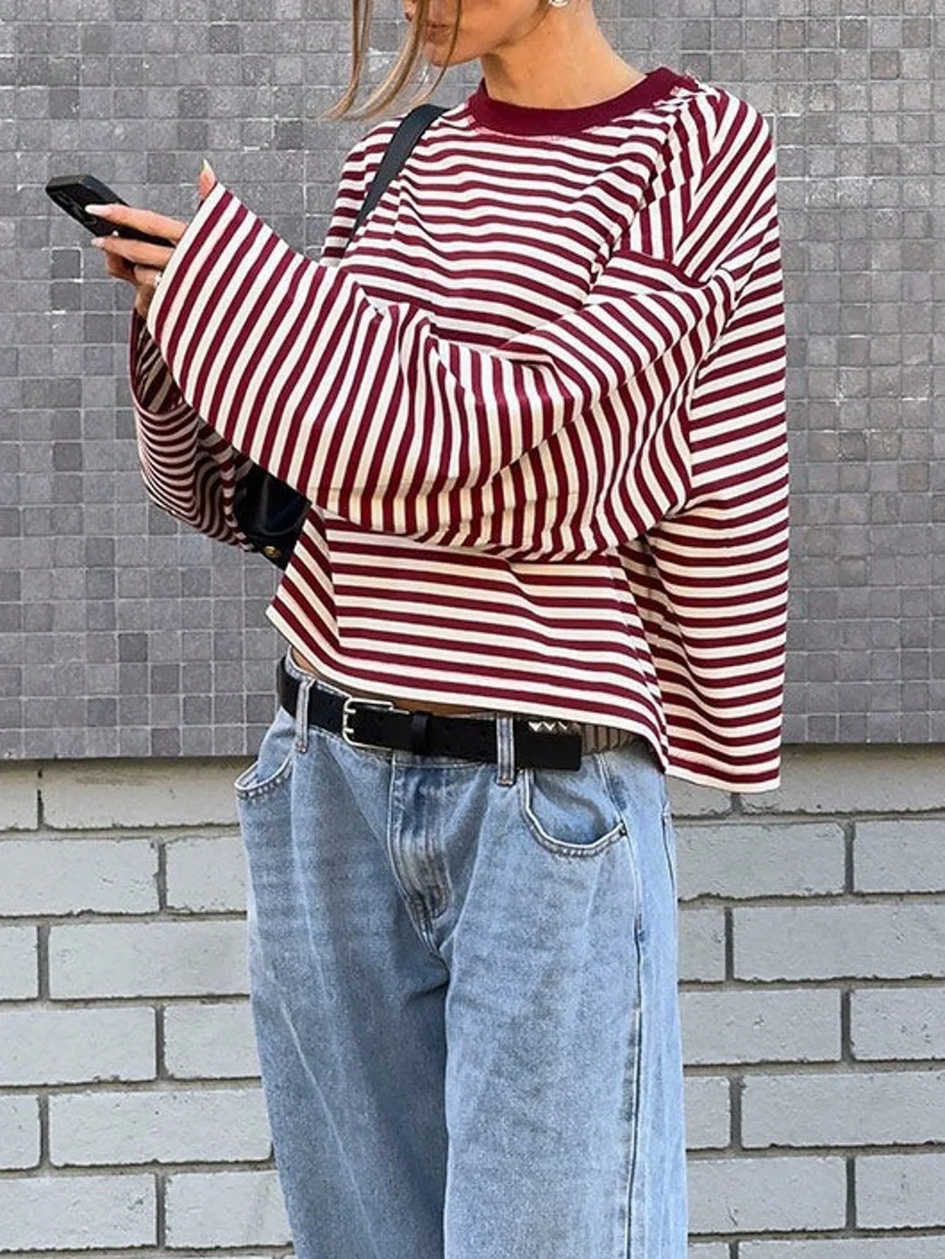 Women Lazy Loose Fit European American Style Retro Color Block Striped Long Sleeve T Shirt Casual Versatile Oversized Basic Stre view 3