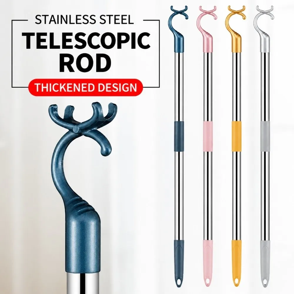 Stainless Steel Clothes Fork Telescopic Shaft Thickened Tube Laundry Stick Non Slip Grip Multi Color Head Clothes Reach Pole