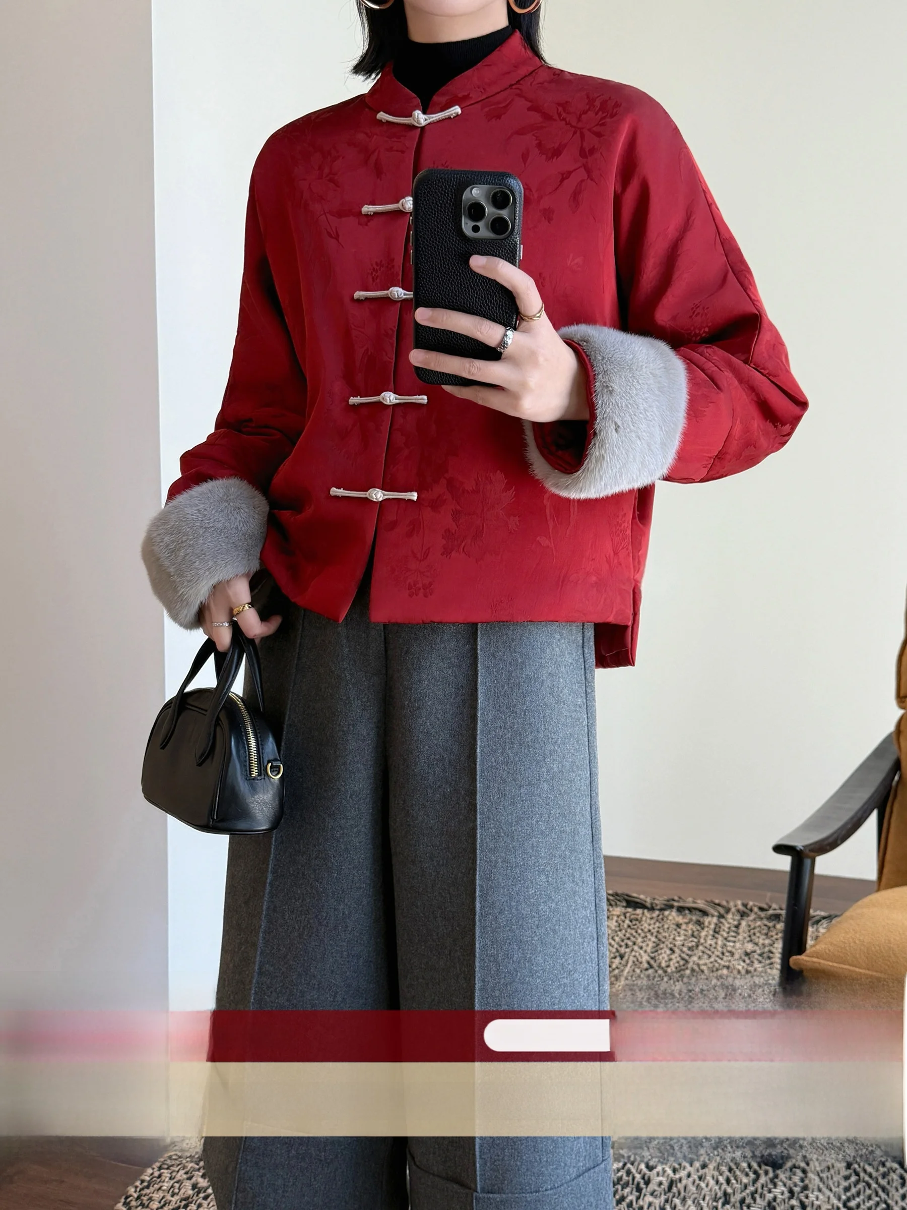 

WANGER Luxury Vintage Chinese Sle Stand Collar Silk Velvet Jaet Women's Long Sve Button up Top Faionable Ele