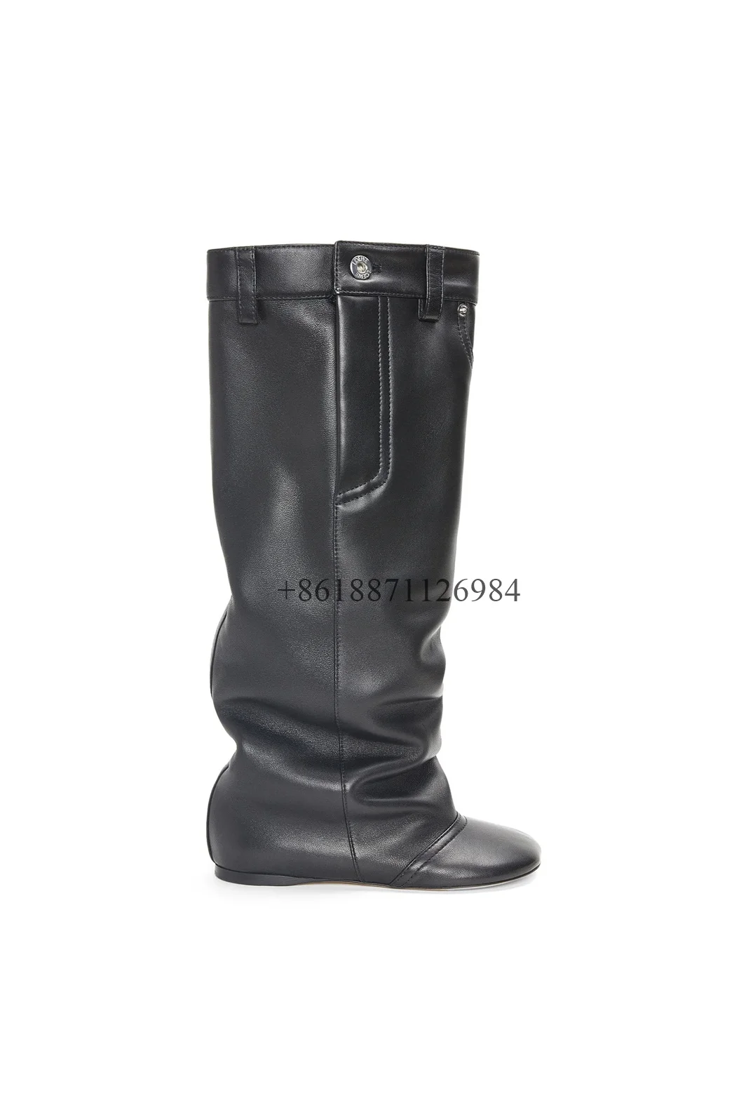 Black Large Walled Button Square Toe Mid-Calf Long Women's Boots Wedges Middle Heels Button Design Large Size Special Shoes