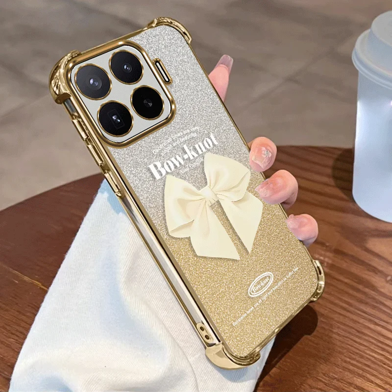 

Glitter Plating Protective Cover For Xiaomi 17T Pro Case Flxebile TPU Four-corner Shockproof Bow Pattern Fundas