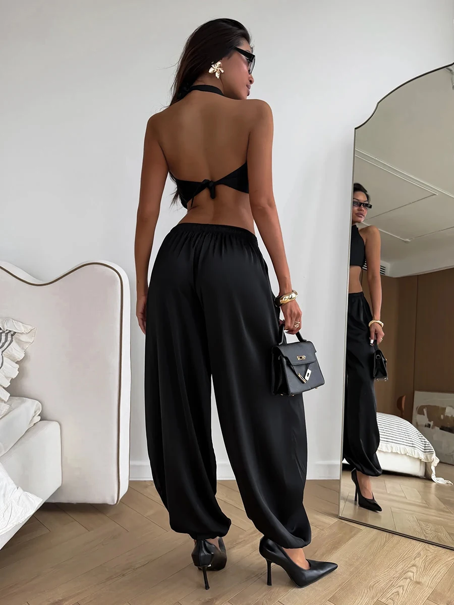 2026 Summer Women Harem Pants High Waist Drawstring Loose Wide Leg Trousers Green Casual Beach Vacation Outfit