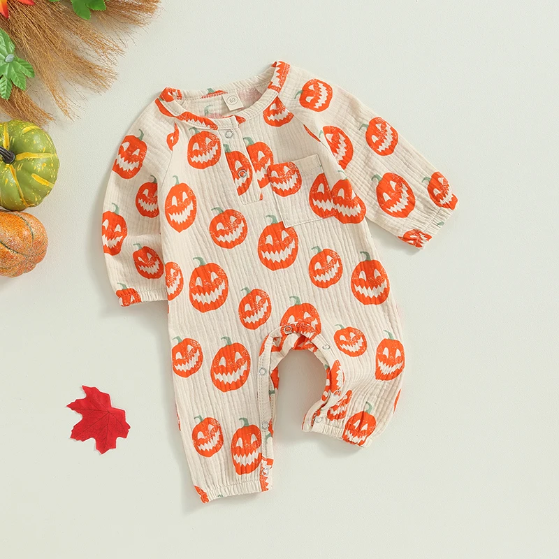 Infant Newborn Baby Halloween Outfit Boy Girl Pumpkin Ghost Jumpsuit Long Sleeve Romper Cute Fall Clothes