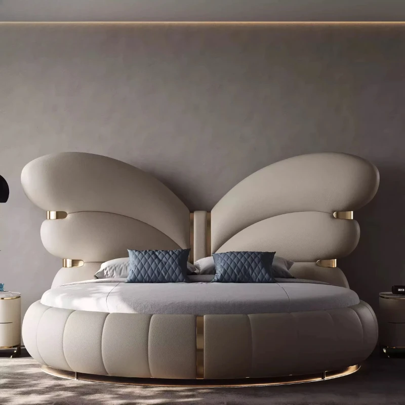 Butterfly Upholstered Head Board Bed Princess Bed Mattress Furniture Bedroom Set King Bed
