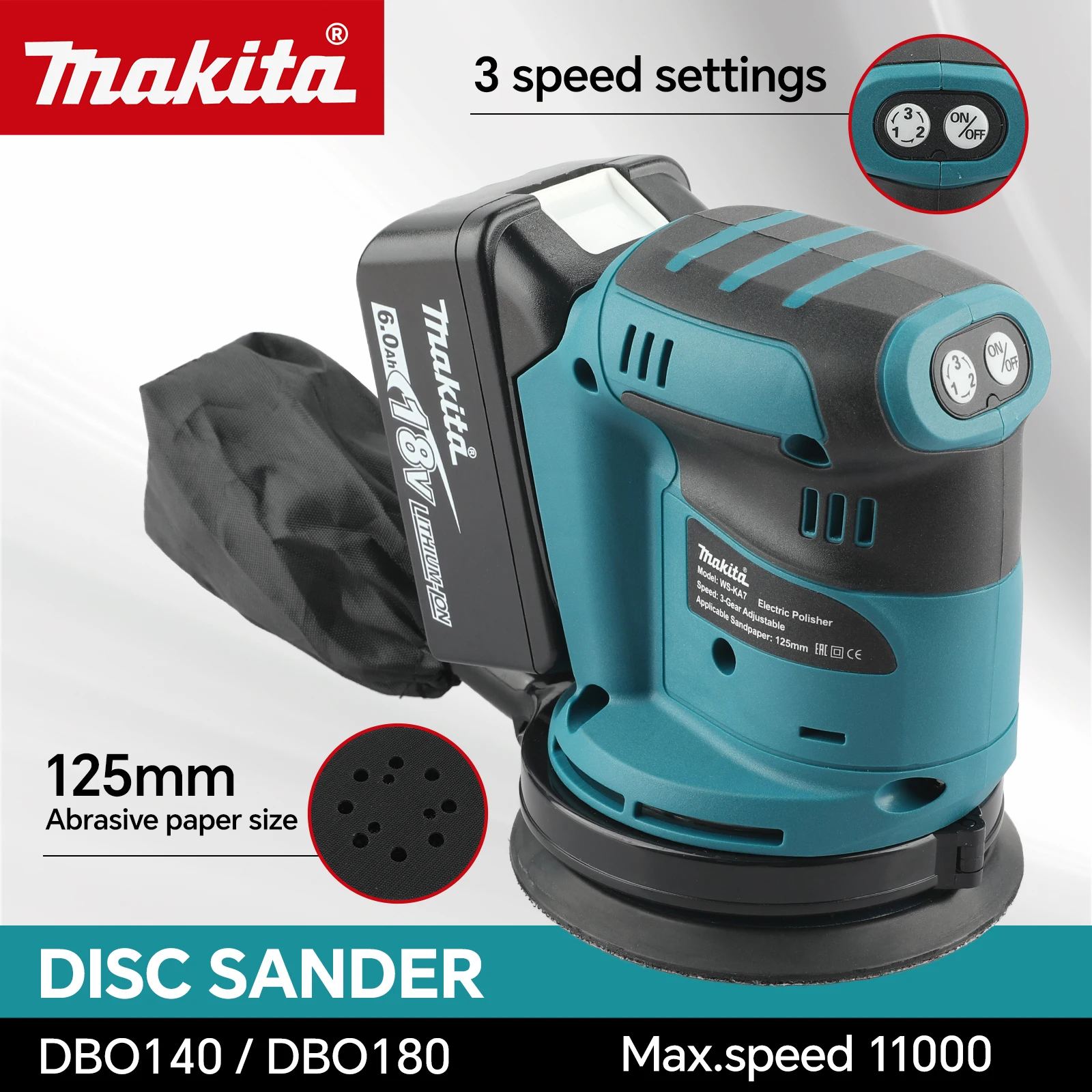 

Makita DBO180 18VCordless Disc Sander 125mm 3Speed Settings11000rpm Dust Bag Adhesive Sandpaper for Wood Metal Sanding Polishing