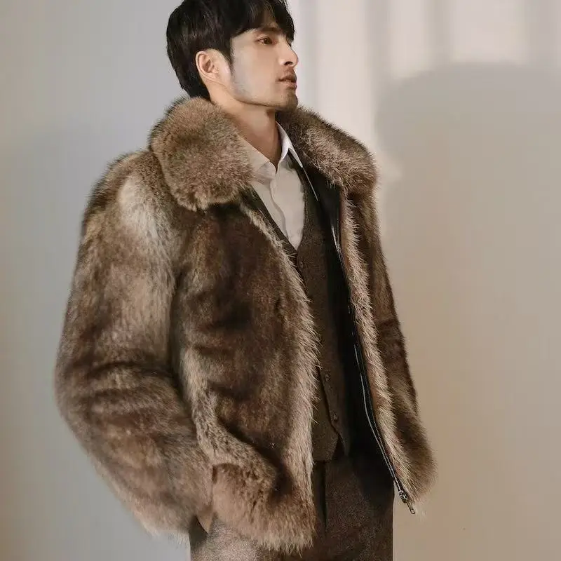 2025 New Autumn Winter Thicken Men's Fur Warm Soft Artificial Raccoon Plush Hoodies Light Luxury Fashion Tops Coat Male Overwear
