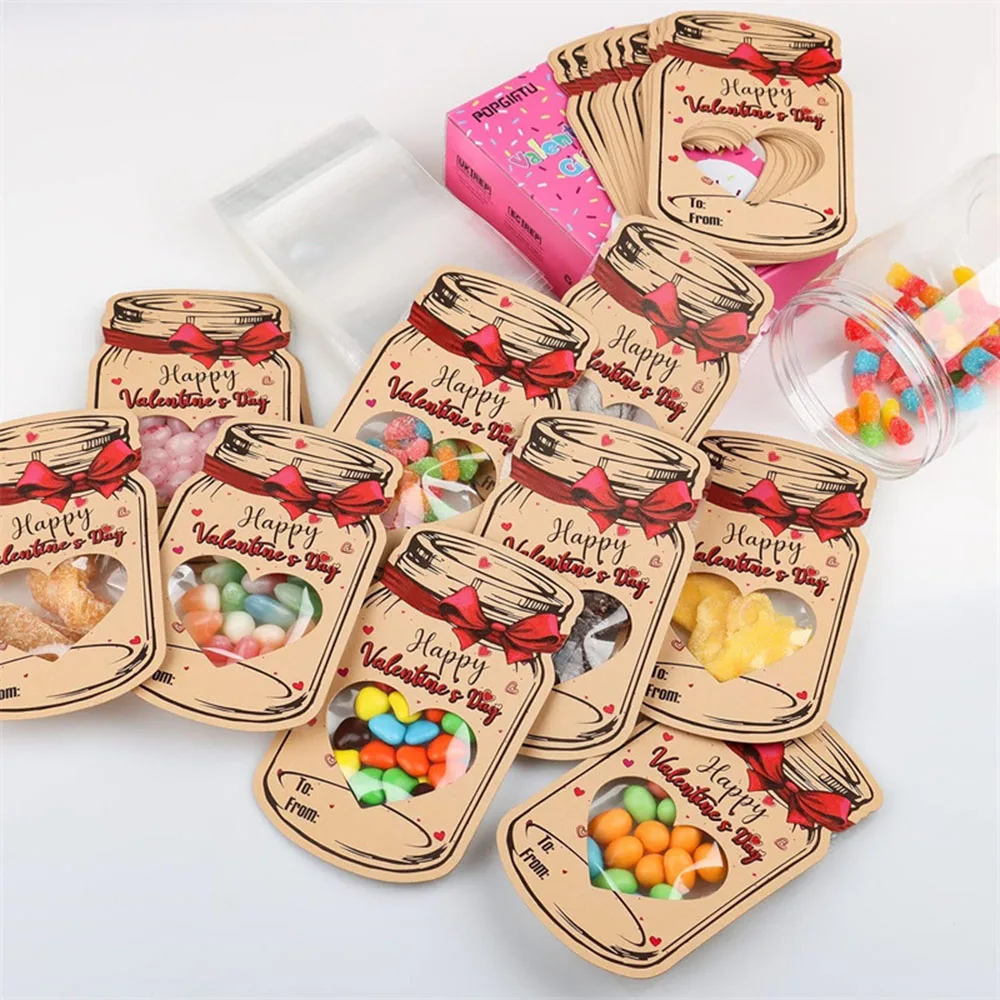 24 Stück/Set Kraftpapier-Bonbongläser mit Valentinstagskarten, Gläser mit Glückwunschkarten zum Valentinstag für Jungen und Mädchen, Austauschkarten für Partygeschenke
