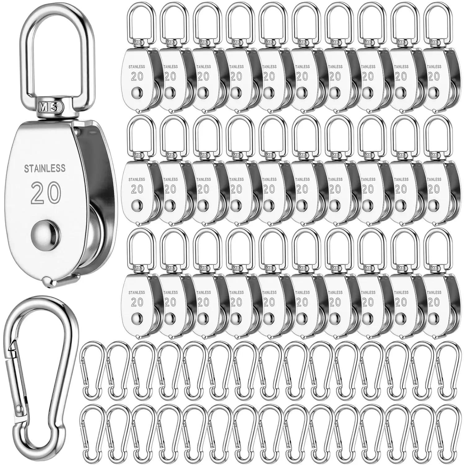 

30 Pcs Single Pulley Block System with 304 Stainless Steel Wheel and Spring Snap Hooks for Lifting and Towing, Silver Finish