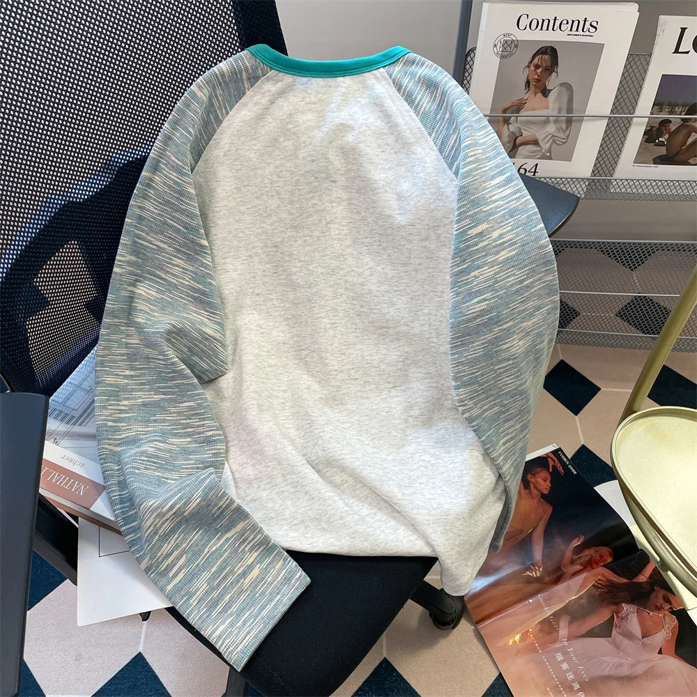 T-shirt patchwork con ricamo cartoon stile europeo americano donna primavera autunno o-collo manica lunga camicia allentata casual top