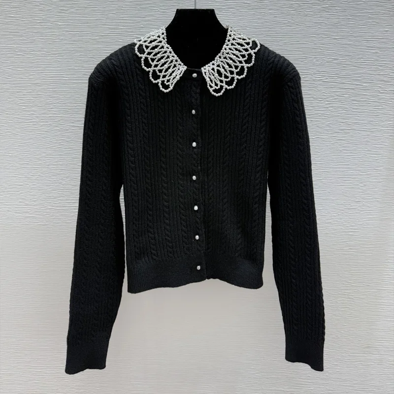 

Качественный женский свитер с воротником из бисера и жемчужными пуговицами - стильный и элегантный кардиган черного цвета 251004247