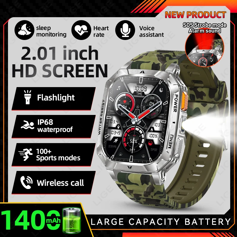 LIGE Neue Militär-Smartwatch mit 1400 mAh, 2,01 Zoll HD-Bildschirm, 3ATM wasserdichte Uhr, Bluetooth-Anruf, Taschenlampe, Smartwatch für Android iOS