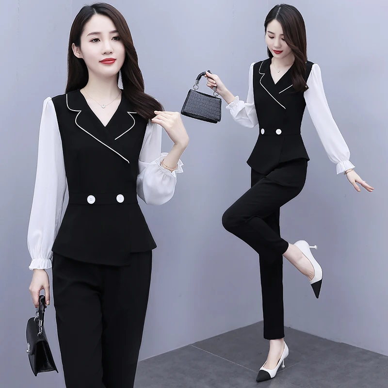 Elegant Patchwork Office Lady Pants Sets For Spring Autumn 2023 New Women Fashion Oversize Turn Collar Slim 2 Pieces Outfits