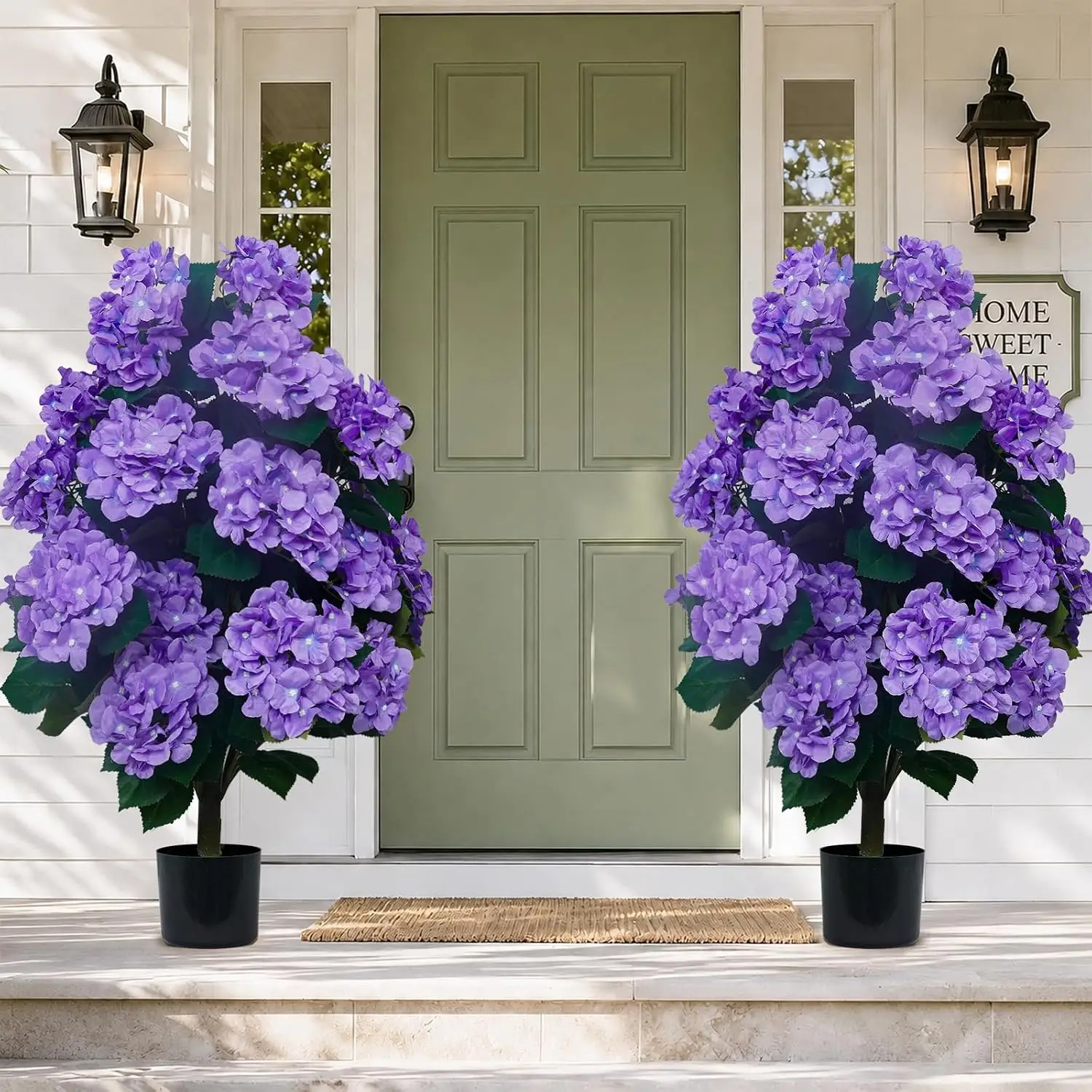 Purple Artificial Hydrangea Topiary Trees, 32 Inch Potted Faux Hydrangea Plants, Set of 2 for Porch Decor