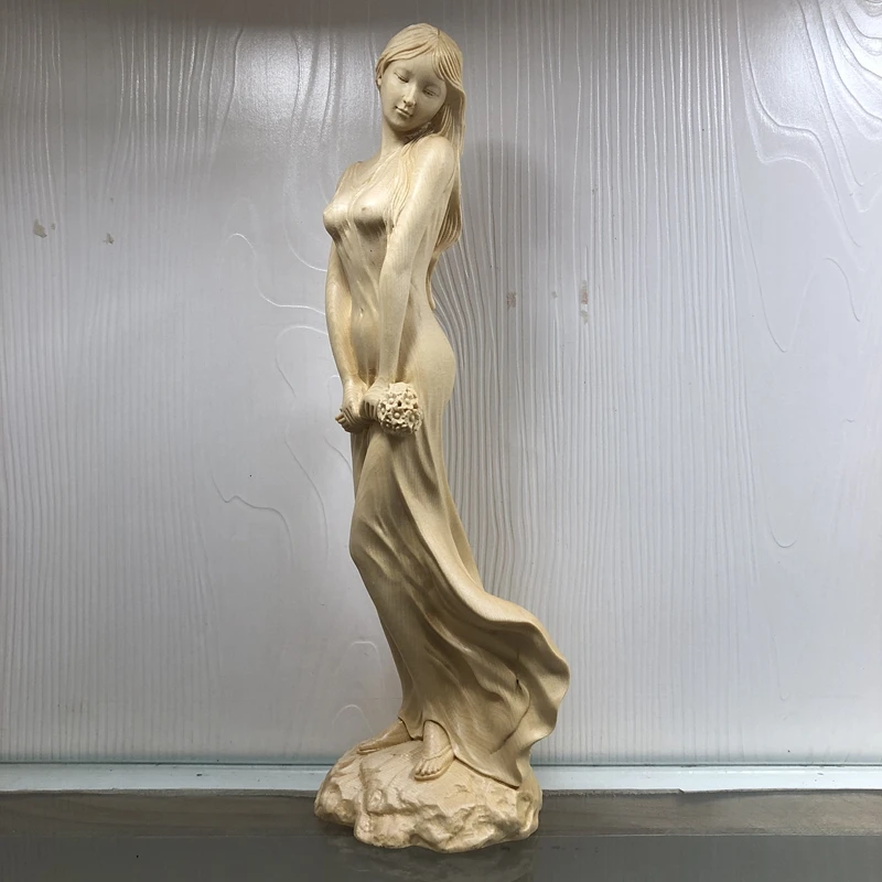 Hand Carved Hinoki Wood Wooden Beauty Statue Figurine - Standing Woman with Flowers Ornament Home Office Desk Decor Gift
