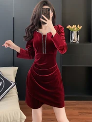 Autumn Winter Red Velvet Long Sleeve Mini Dress Women Fashion Hight Waist A-Line Dress 2025 Korean Elegant Luxury Party Vestidos