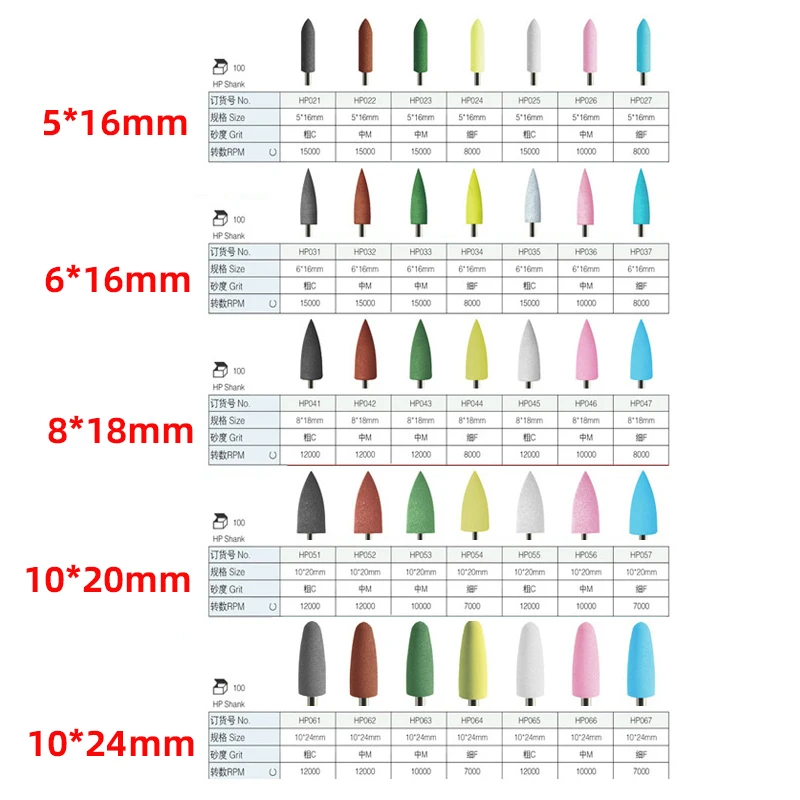 Dental Silicone Borracha Polidores Burs, Dentes Moagem Cabeças, Baixa Velocidade Handpiece, Ferramenta Dente, 2.35mm, 10Pcs