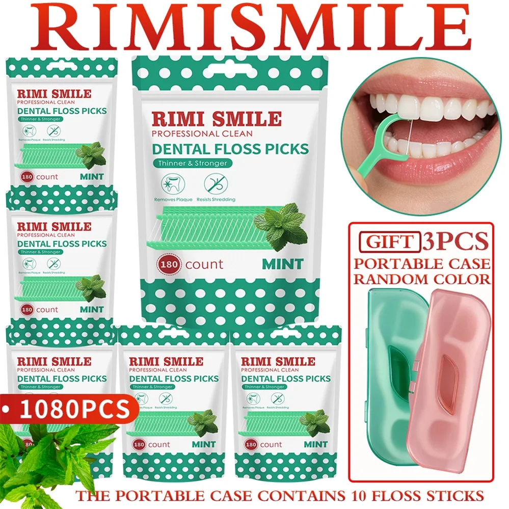 

Mint Flavored Dental Floss Sticks 1080 Count with 3 Travel Floss Case, Strong & Thin Mint Dental Floss Picks , Fresh Breath,