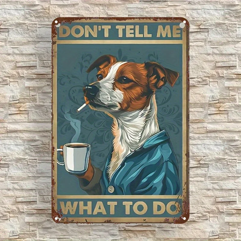 2D Flat - 1pc of Vintage Metal Sign Featuring a Dog Enjoying Coffee, Measuring 8.0X12.0 inch. This Iron Wall Art Includes a Humo