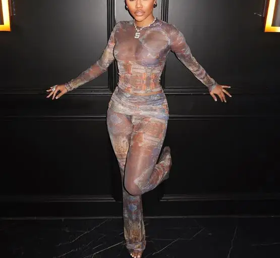 

Women's Set 2026 Spring and Summer Tight Fitting New Sexy Ethnic Style Printed Round Neck See Through Top and Flared Pants Set