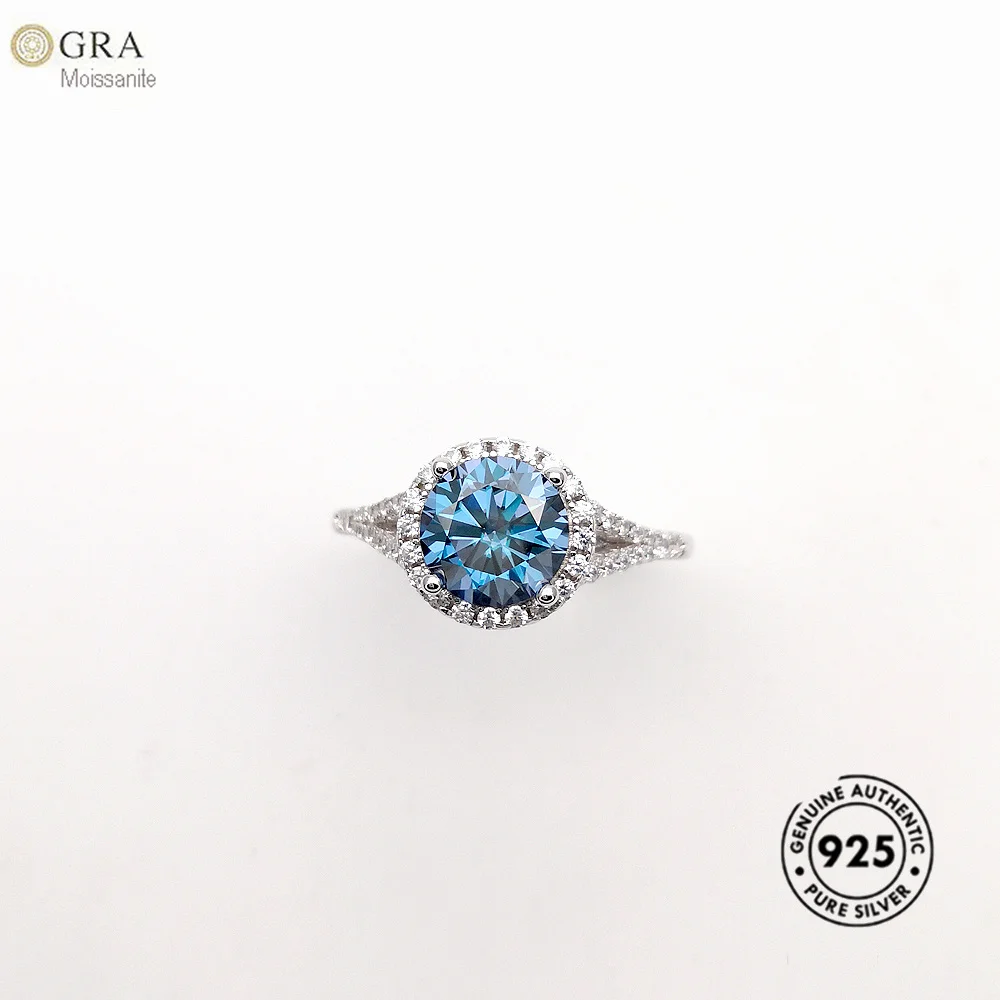 2015 Keluaran Baru Warna Biru Berlian Moissanite 1,5Ct-2,0Ct Cincin Perak 925 Padat Asli untuk Sertifikat GRA Wanita