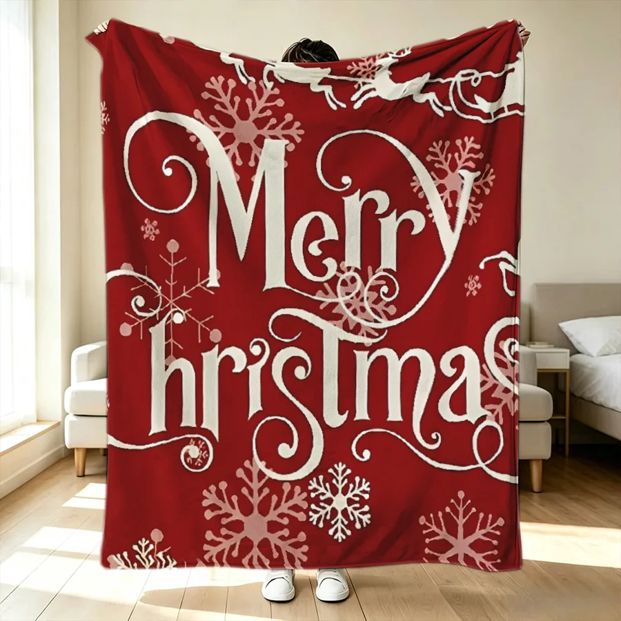 1PC Christmas Merry Christmas Print Flannel Blanket, Retro Snowflake Reindeer 2D Single-Sided Printed Holiday Decorative Blanket