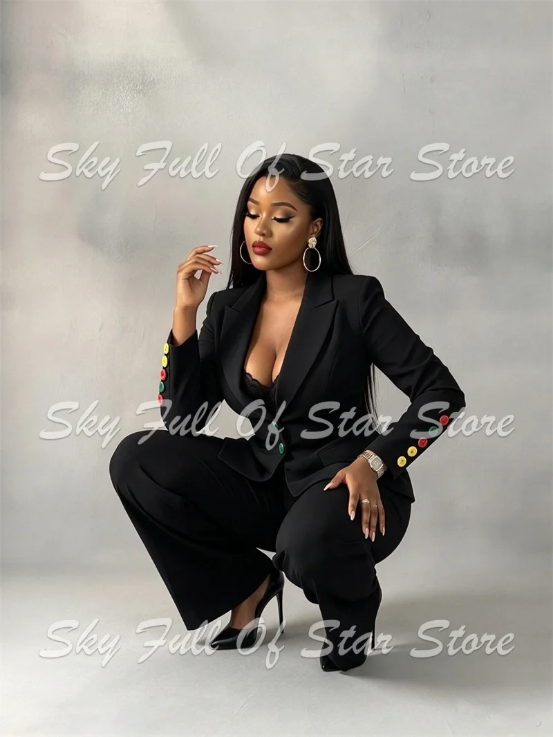 Black Women Suit Set 2 Pcs Multi Color Cuff Buttons Blazer And Wide Leg Pants Custom Formal Business Wedding Evening Lady Jacket