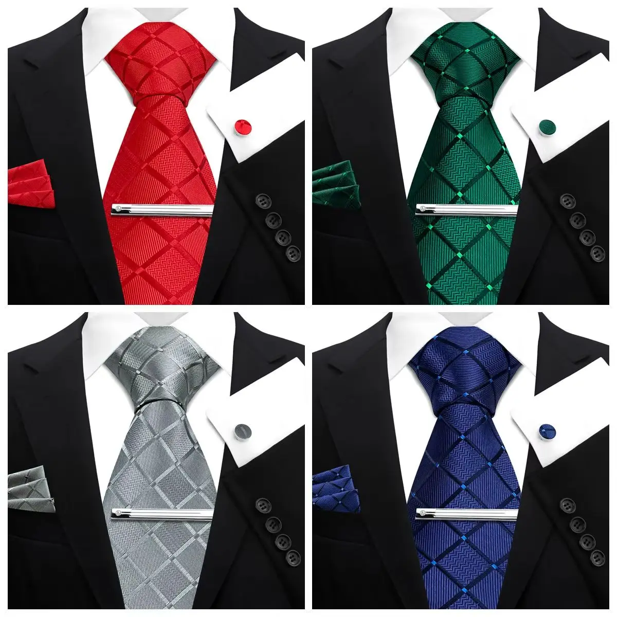 Elegant Classic Luxury Men Tie Set British Plaid Design Pocket Square Cufflinks Tie Clip Suit Business Meeting Wedding Party