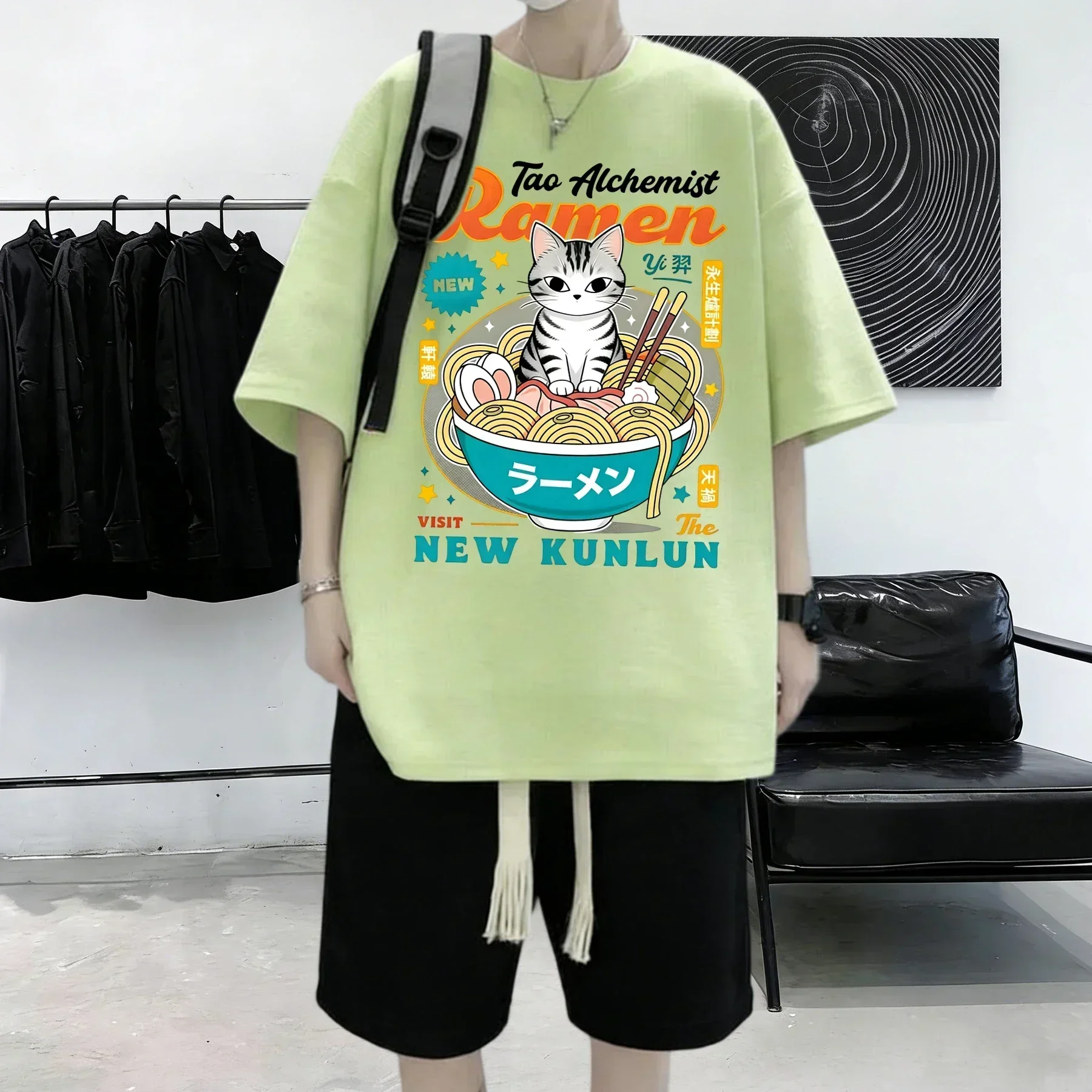 A Cat With A Bowl Of Noodles Printed Men Cotton Soft Summer Streetwear Daily Office T-Shirt Breathable Korean Short Sleeve