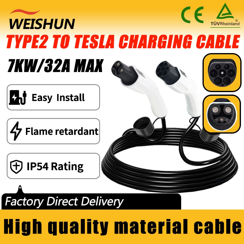 

TYPE2 TO TESLA EV Adapter with Cable Electric Vehicle Charger Connecter Charging Line 32A TYPE2 AC Charging Station To TESLA 5M