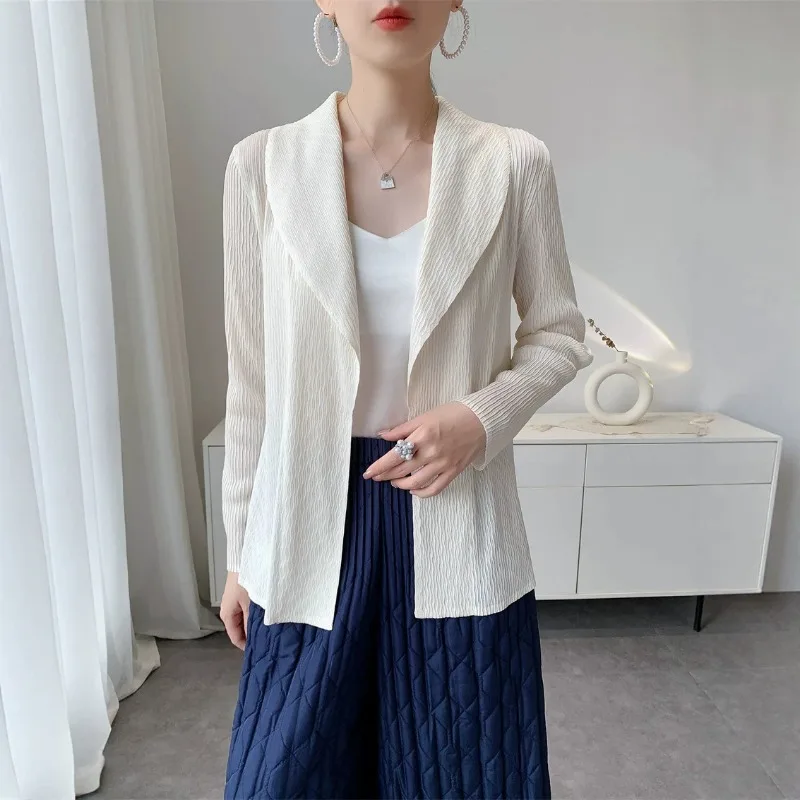 Miyake Pleated Jacket Women 2026 Autumn New Turn-down Collar Cardigan Women's Pleats Coat Solid Color Textured Buttonless Jacket
