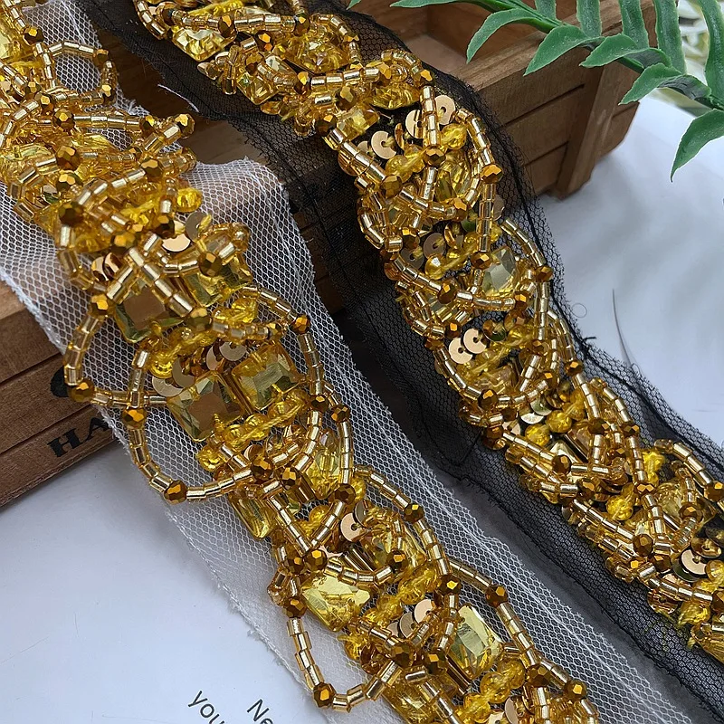 Golden Acrylic Crystal Heavy Handmade Beaded Lace Trim for Clothing Accessories and Decorative Supplies