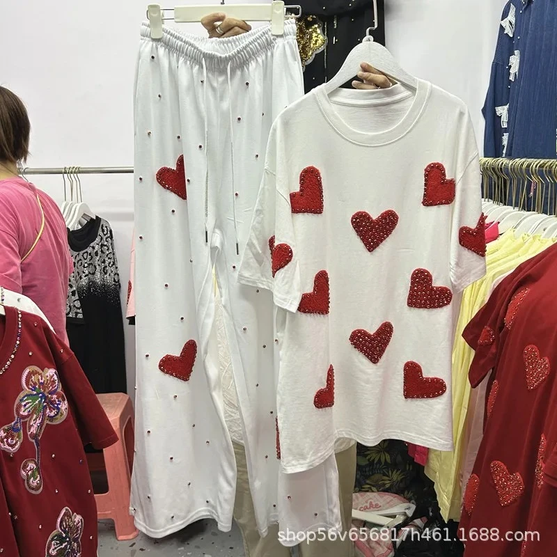 重工業風ダイヤモンド付きハート柄ルーズ半袖Tシャツトップスと伸縮性ウエストワイドレッグロングパンツのツーピースセット（女性用）