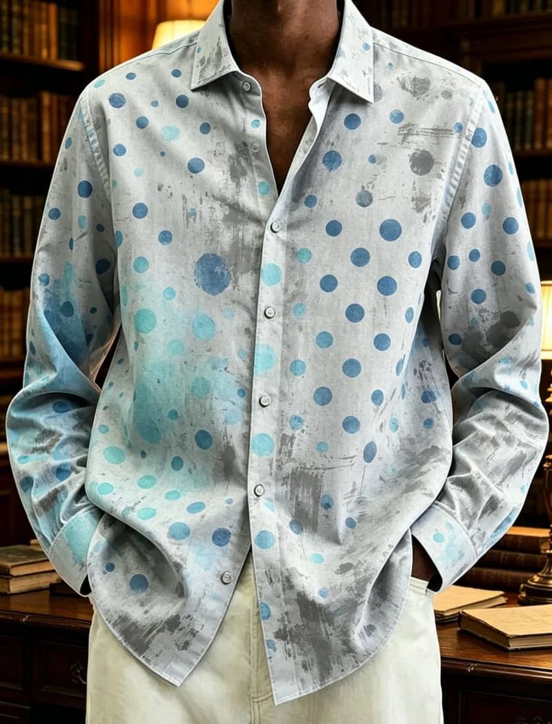 

Vintage Gradient Polka Dot Print Long Sleeve Shirt Casual Button Up for Men Daily Wear with Casual Artistic Charm