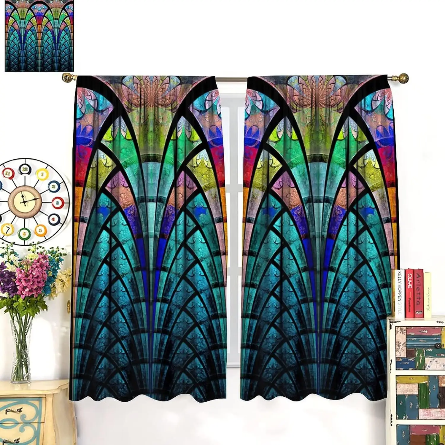 Cortinas abstractas para sala de estar, vitral simétrico con flores fractales, tratamientos para ventana, cortina para dormitorio, estilo de diseño Vintage